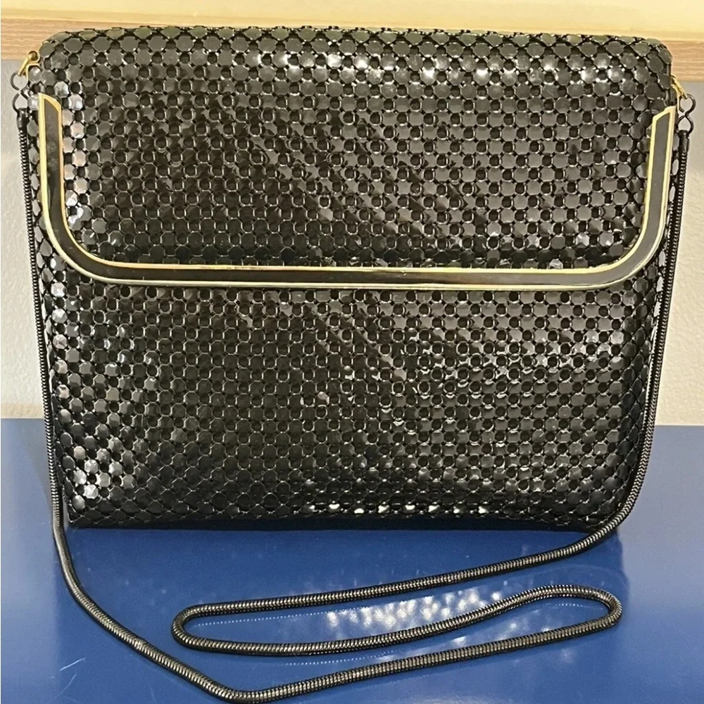 Black Mesh Purse Envelope Clutch Gold Disco Bag Metal Chain Vintage 70s 80s